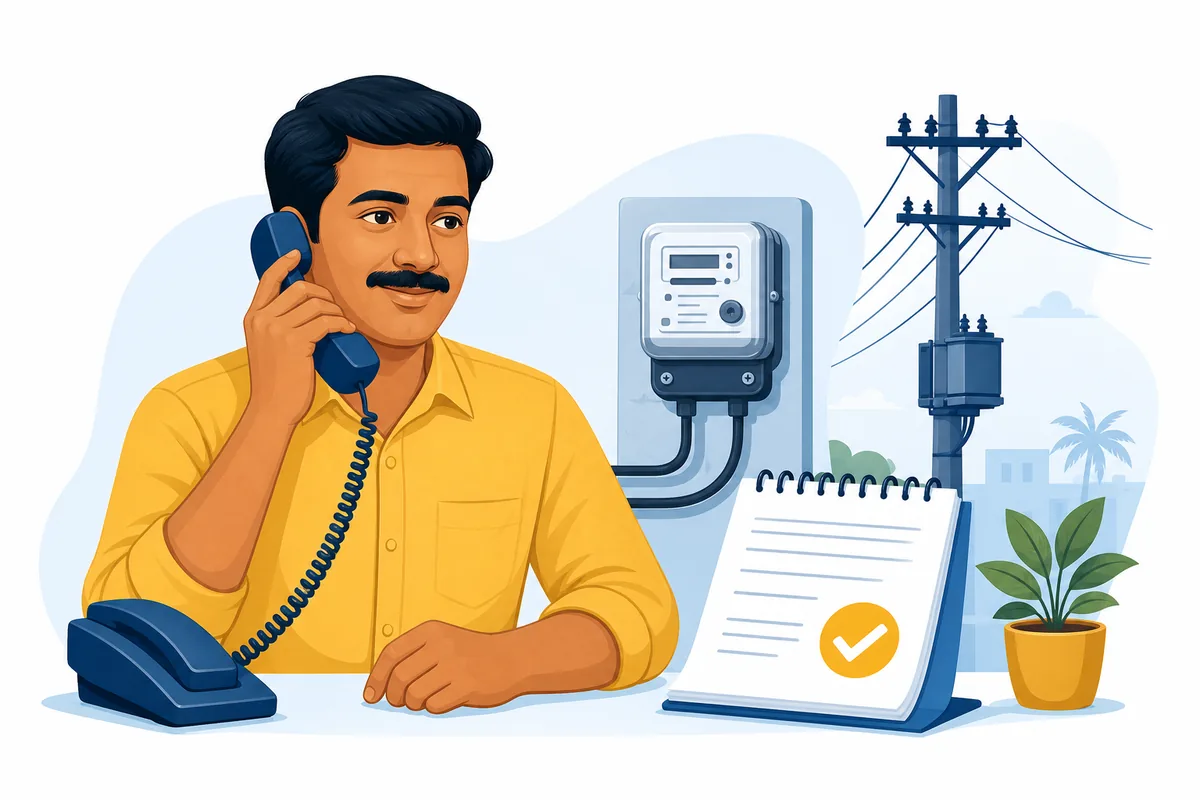 Ilustración editorial de un usuario de electricidad de Tamil Nadu que elige un canal seguro de reclamación