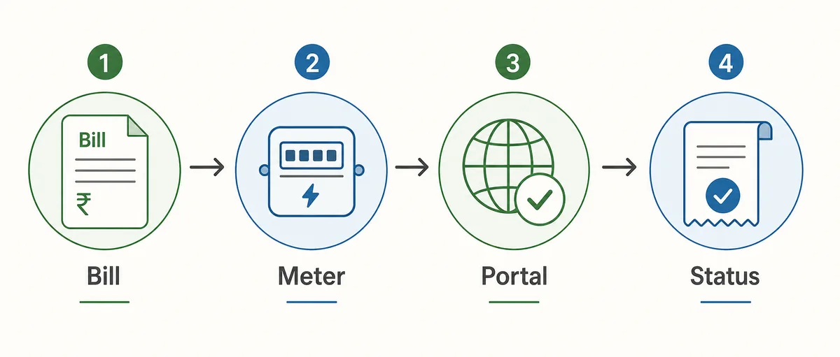 Step flow showing bill, meter, official portal, and bill status for TNEB consumer number use