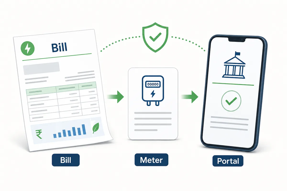 Editorial guide graphic showing a TNEB bill, meter, and official portal path for finding a consumer number