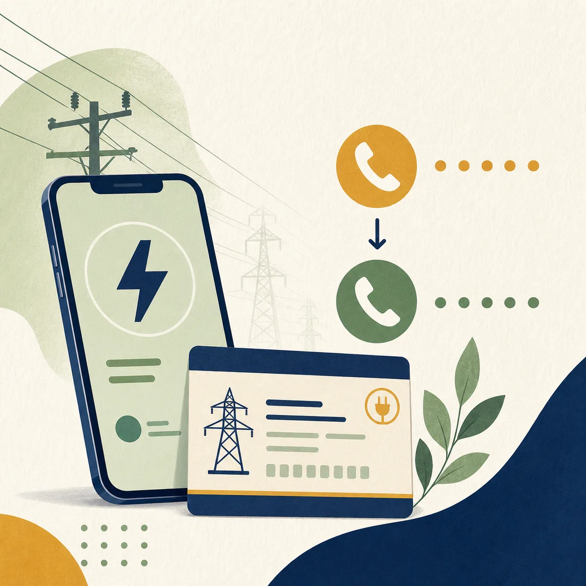 Illustrazione editoriale con telefono, scheda della connessione elettrica e simboli del vecchio e nuovo numero