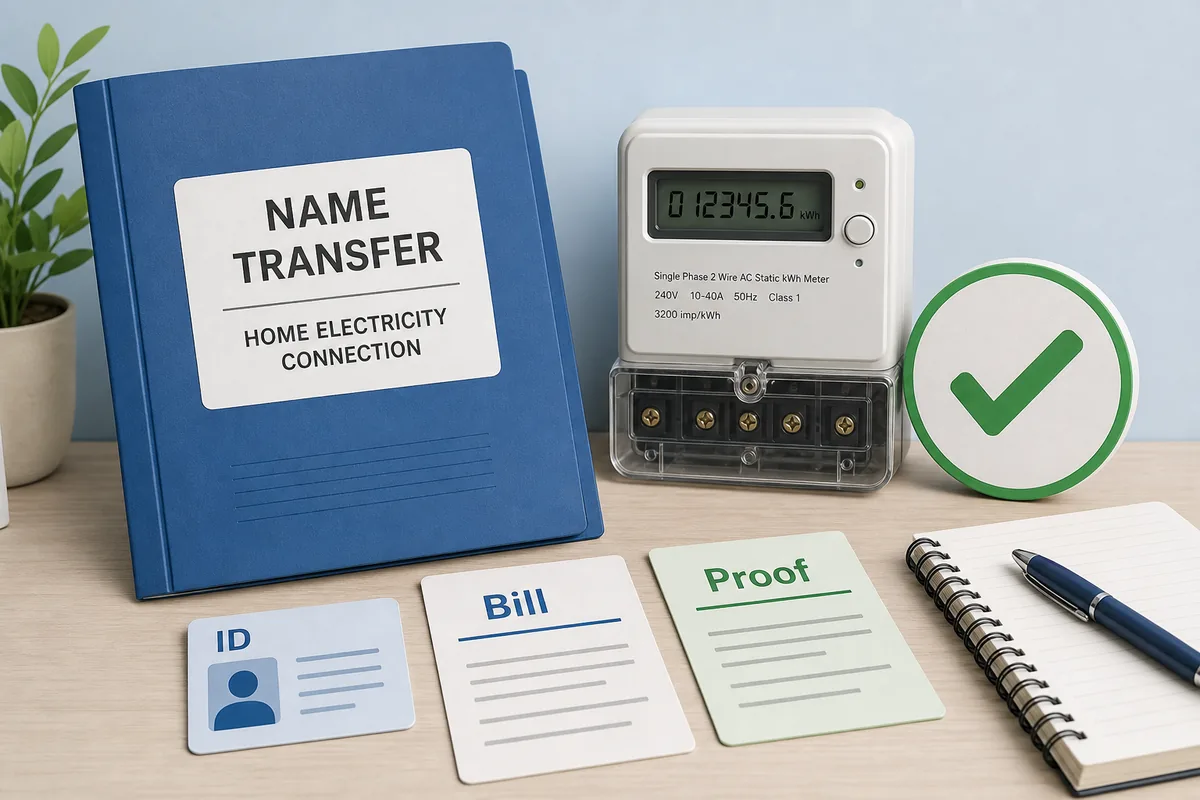 Editorial guide graphic of documents, ID proof, electricity meter, and checklist for TNEB name transfer