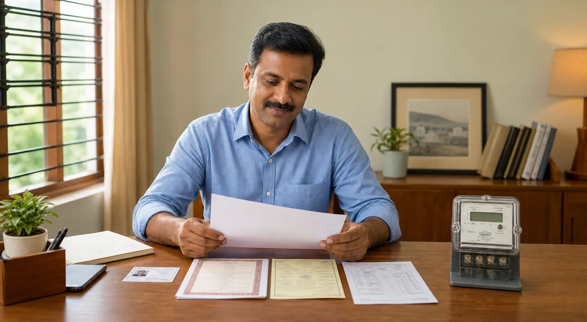 Propriétaire préparant les documents d’un nouveau raccordement électrique au Tamil Nadu