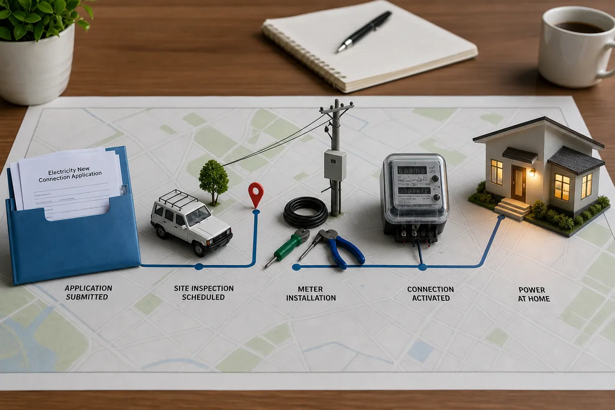 Étapes illustrées de la demande au contrôle, au compteur et à l’alimentation du logement